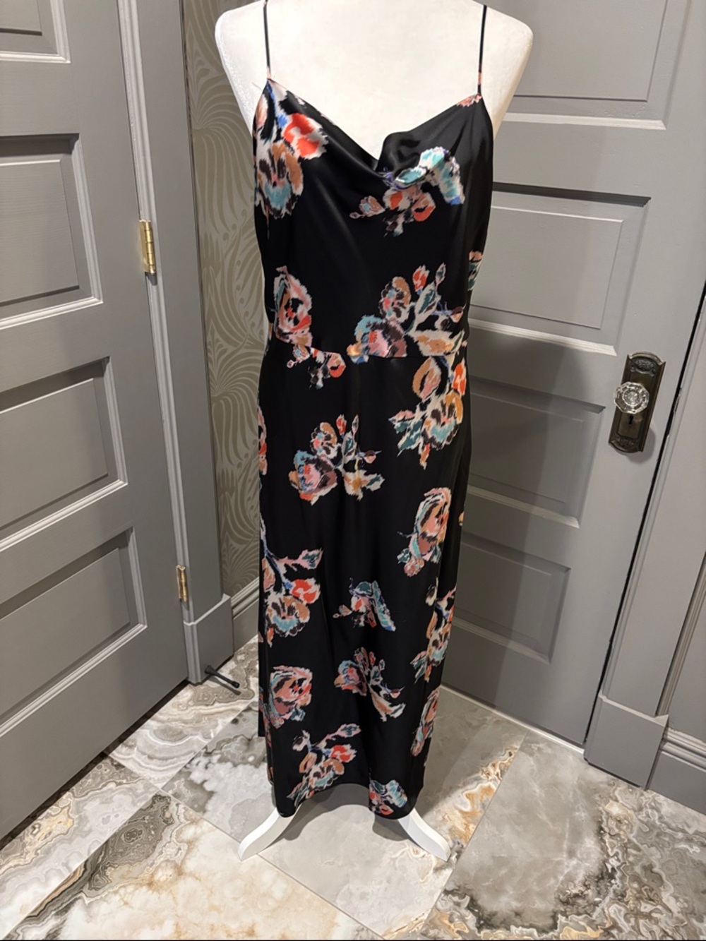 Vince Black Slip Maxi Dress with Coral, Teal & Cream Floral Print